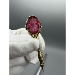 Victorian Edwardian Era Red Glass Cameo Stick Pin Lady Intaglio Hat Lapel Pin